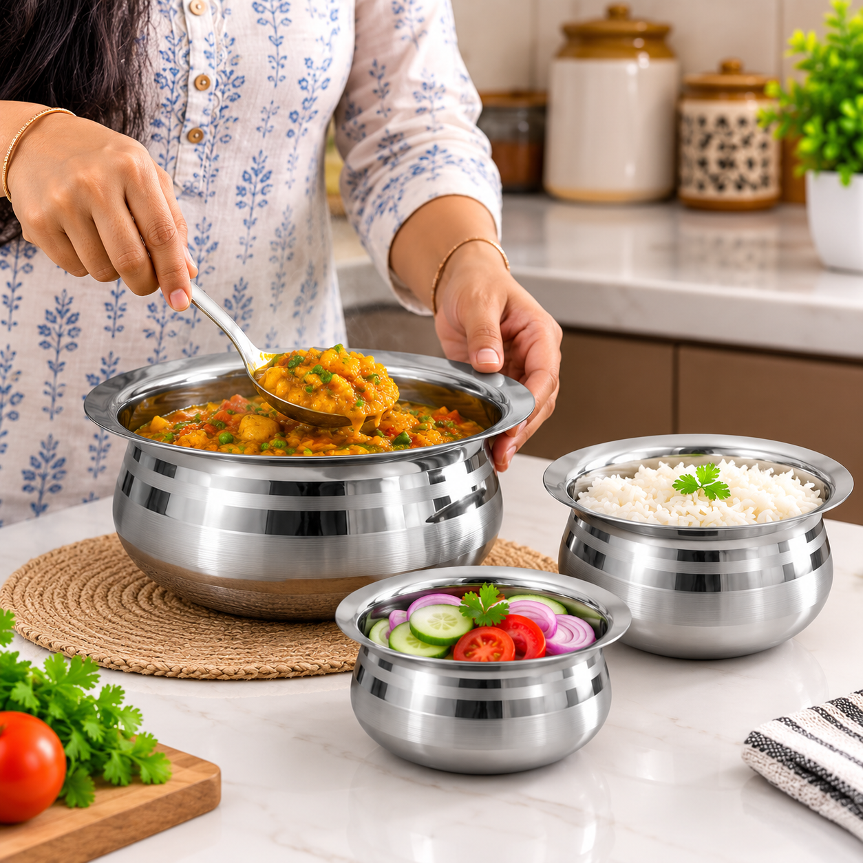 Stainless steel serving bowls in a bright modern kitchen