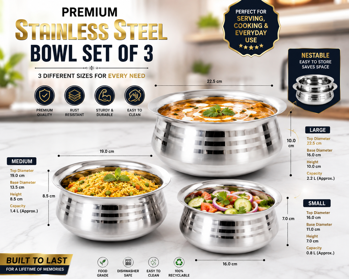 Premium stainless steel cookware with a polished finish