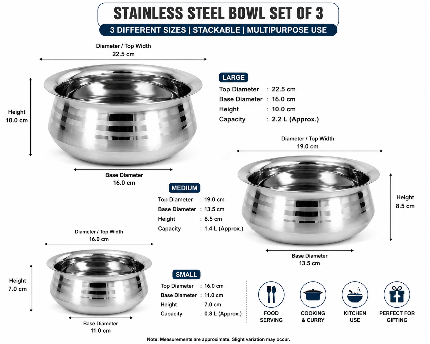 Stackable stainless steel preparation bowls