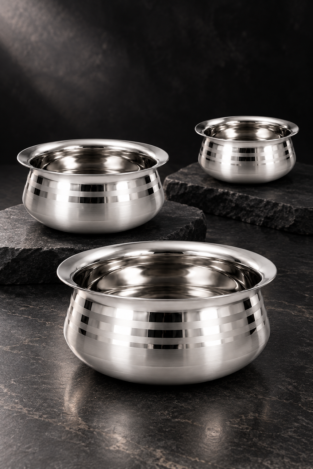 Stainless steel cookware arranged on dark stone