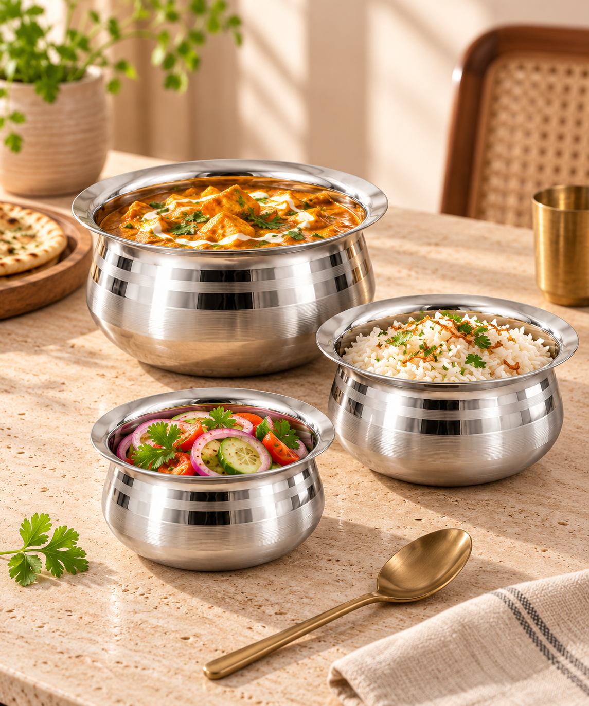 Premium stainless steel bowl collection styled for an Indian table